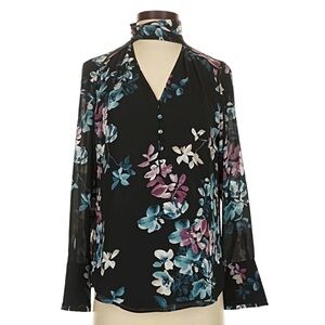 Women's Black Floral Keyhole Blouse with Choker Neck